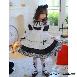 メイド服5点セット 子供服 女の子 メイドコス  コスプレ衣装 半袖 長袖 黒白 チェック フリル メイド服 可愛い ウェイトレス キッズ ジュニア リボン