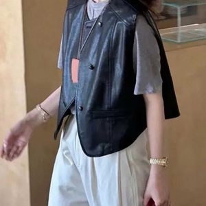 CADBURY ベスト ジレ ノーカラーフェイクレザーベスト レディース