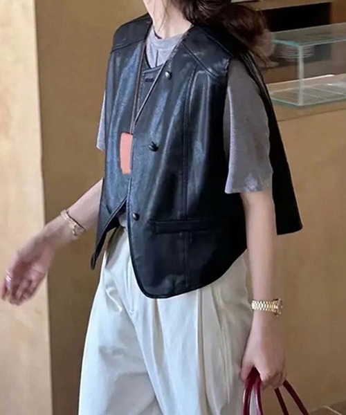 CADBURY ベスト ジレ ノーカラーフェイクレザーベスト レディース - 画像 (2)