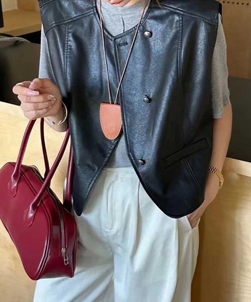 CADBURY ベスト ジレ ノーカラーフェイクレザーベスト レディース - 画像 (4)