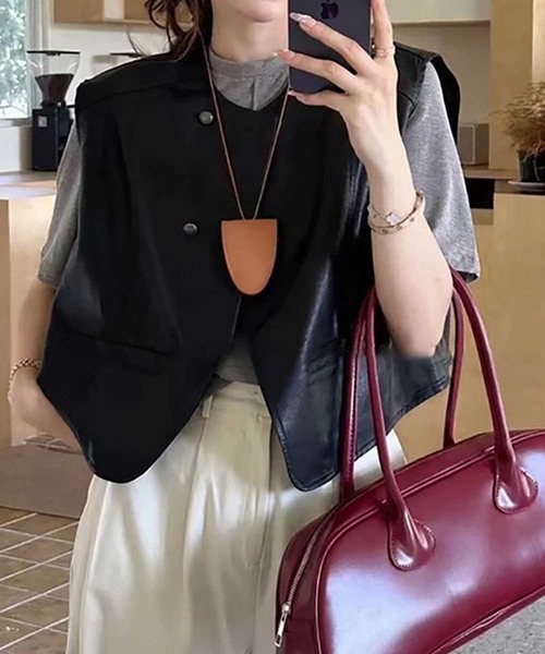 CADBURY ベスト ジレ ノーカラーフェイクレザーベスト レディース - 画像 (5)