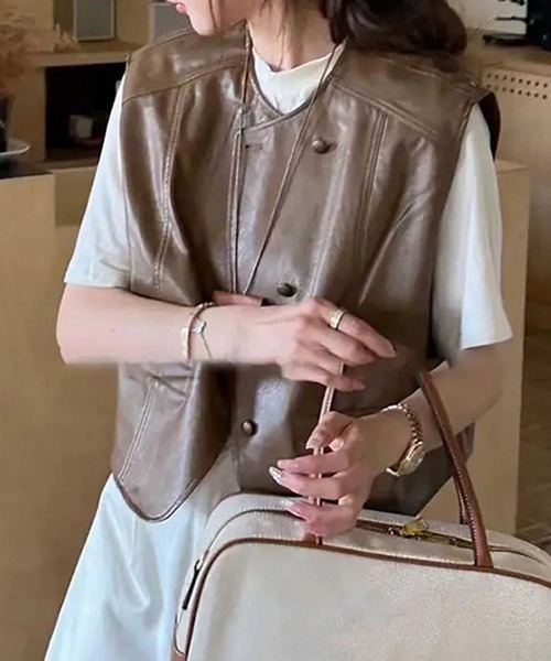 CADBURY ベスト ジレ ノーカラーフェイクレザーベスト レディース - 画像 (6)