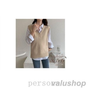 ニットレディース女性用スプルオーバーVネックノースリーブアシメントリースリットリブ無地単色カーキネイビーブラッ