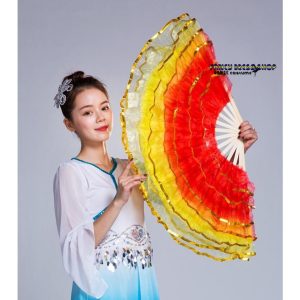 中華ダンス用 扇子 舞台 ステージグッズ シフォン フリル重ね ふわんり グラデーション かわいい 舞扇 舞扇子 演舞扇 チャイナ風民族ダンス 古典舞踊ダンス 道具