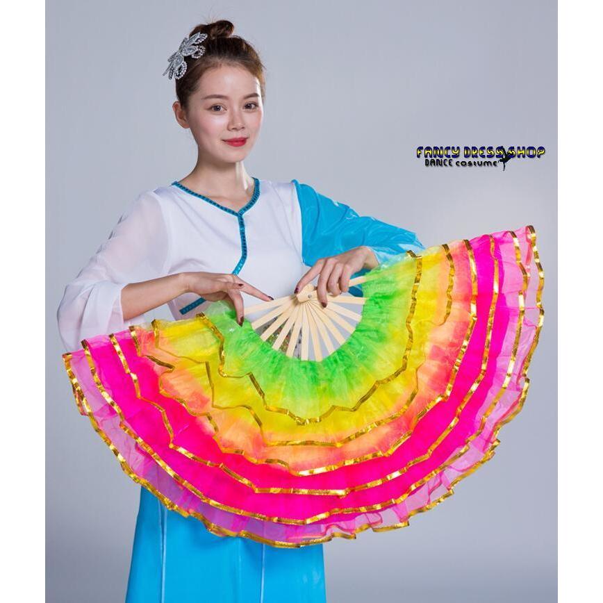 中華ダンス用 扇子 舞台 ステージグッズ シフォン フリル重ね ふわんり グラデーション かわいい 舞扇 舞扇子 演舞扇 チャイナ風民族ダンス 古典舞踊ダンス 道具 - 画像 (2)