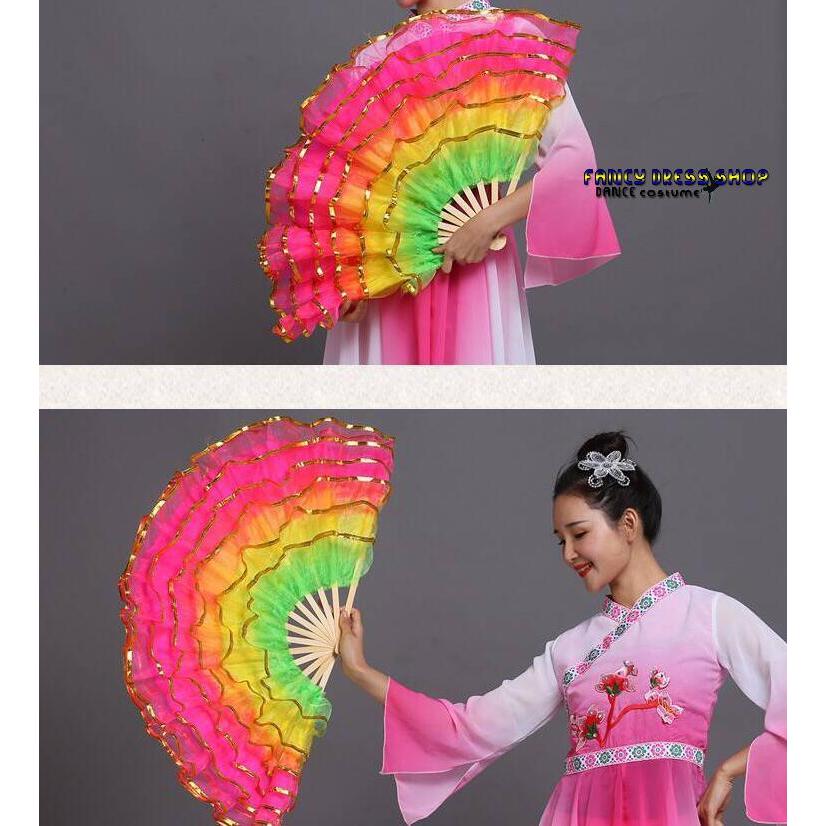 中華ダンス用 扇子 舞台 ステージグッズ シフォン フリル重ね ふわんり グラデーション かわいい 舞扇 舞扇子 演舞扇 チャイナ風民族ダンス 古典舞踊ダンス 道具 - 画像 (3)