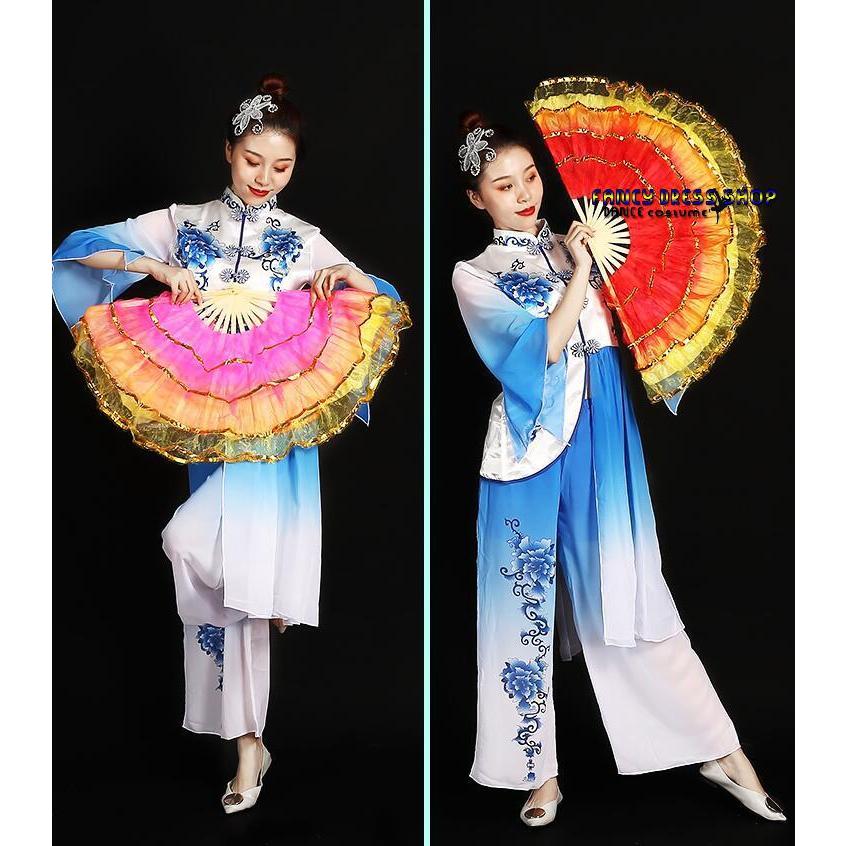 中華ダンス用 扇子 舞台 ステージグッズ シフォン フリル重ね ふわんり グラデーション かわいい 舞扇 舞扇子 演舞扇 チャイナ風民族ダンス 古典舞踊ダンス 道具 - 画像 (4)
