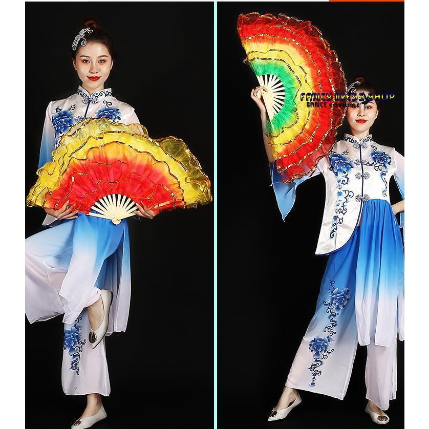 中華ダンス用 扇子 舞台 ステージグッズ シフォン フリル重ね ふわんり グラデーション かわいい 舞扇 舞扇子 演舞扇 チャイナ風民族ダンス 古典舞踊ダンス 道具 - 画像 (5)