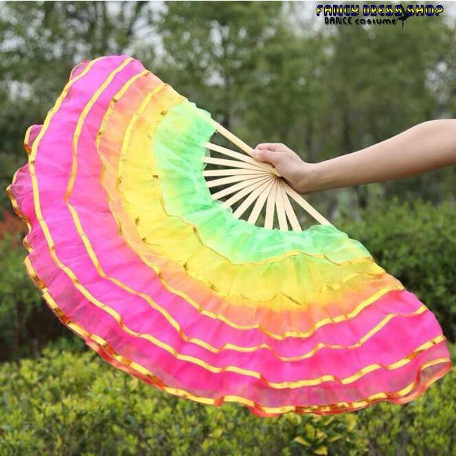 中華ダンス用 扇子 舞台 ステージグッズ シフォン フリル重ね ふわんり グラデーション かわいい 舞扇 舞扇子 演舞扇 チャイナ風民族ダンス 古典舞踊ダンス 道具 - 画像 (6)