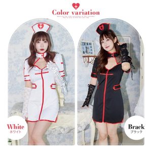 Brightlele ハロウィン コスプレ ナース服 ミニ丈 レトロ ナース カチューシャ 手袋 ナース帽 セクシー 可愛い 制服 衣装 レディース 大人 コスプレ衣装 ハロウィン仮装 FKR