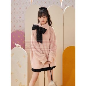 【・マニ】「モモイルカ」刺繍リボンピンクゆったりロングカーディガン秋冬