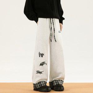 2color カジュアルパンツ ボトムス 猫 猫柄 ネコ ねこ ブラック 白灰色