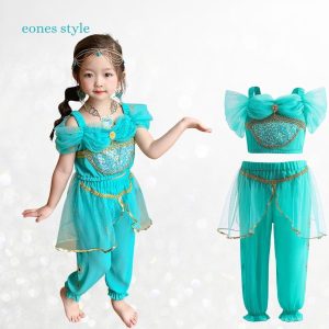 ジャスミン 衣装 子供用 女の子 アラビアン コスチューム ハロウィン クリスマス プレゼント ビスチェ パンツ エメラルドグリーン 110-140cm(JS07)