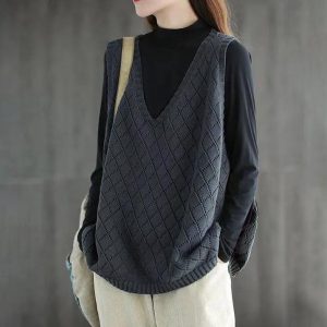 【値下げ】ニット レディース チョッキ ス Vネック 薄手 ゆったり  プルオーバー ジレー セーター 無地 重ね着