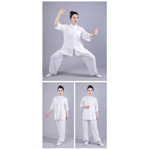 太極拳 服 大人 太極拳ウェア 上下セット 綿麻 夏用 半袖 カンフー 武術 演出服 練習着 レディース 太極拳服 中華風 武術衣装 チャイナ 朝練ウェア 功夫 学園