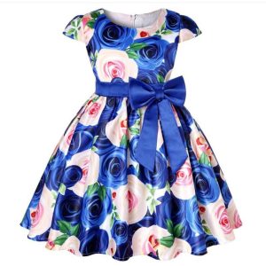子供 ワンピース キッズ ドレス 膝丈 ミモレ丈 お姫様 大きい花柄 薔薇花 総柄 ウエストにリボン キャップ スリーブ 半袖 Aライン 可愛い 女
