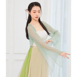 ダンス衣装 レディース 古典舞踊 中華民族ダンス 衣装 ひらひらの長袖 裾にパールストラップ エレガント 中国踊り 古典ダンス 練習着 レッスン着 柔らかい 飄逸