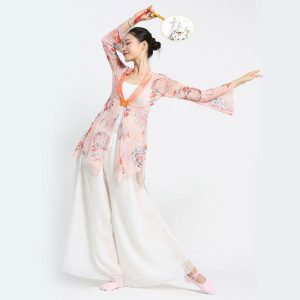 ダンス衣装 トップス パンツ チャイナ風 メッシュ 花柄プリント長袖 ロング丈 シフォン パンツスカート ワイドパンツ ダンス レッスン着 セットアップ