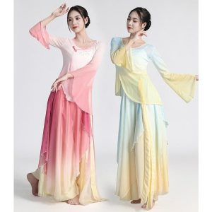 中華古典舞踊ダンス衣装 3点セット有 グラデーション 飄逸 チャイナ民族ダンス 演目ダンス衣裳 長袖 チャイナ服 ブラウス ロング丈 フリル重ねスカートパンツ ひ