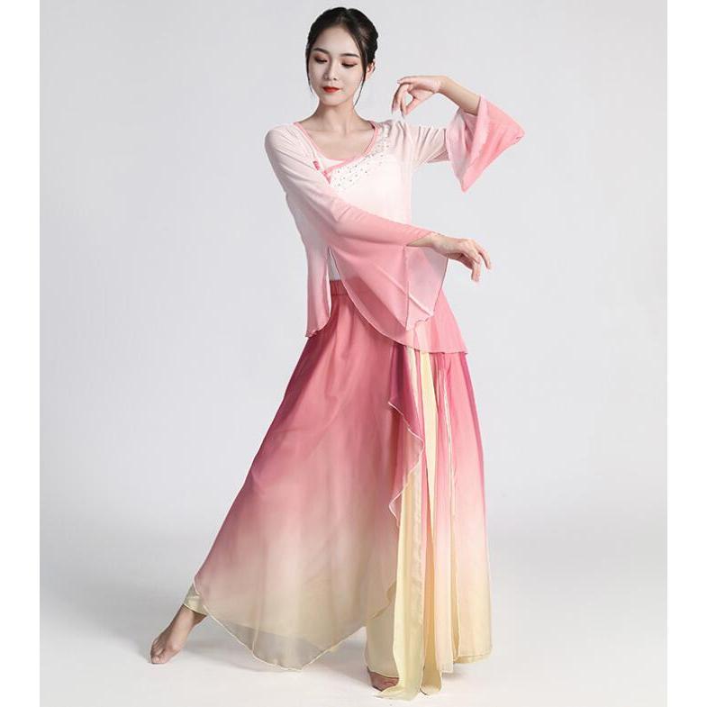 中華古典舞踊ダンス衣装 3点セット有 グラデーション 飄逸 チャイナ民族ダンス 演目ダンス衣裳 長袖 チャイナ服 ブラウス ロング丈 フリル重ねスカートパンツ ひ - 画像 (2)