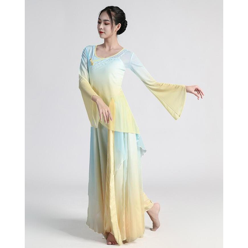 中華古典舞踊ダンス衣装 3点セット有 グラデーション 飄逸 チャイナ民族ダンス 演目ダンス衣裳 長袖 チャイナ服 ブラウス ロング丈 フリル重ねスカートパンツ ひ - 画像 (3)