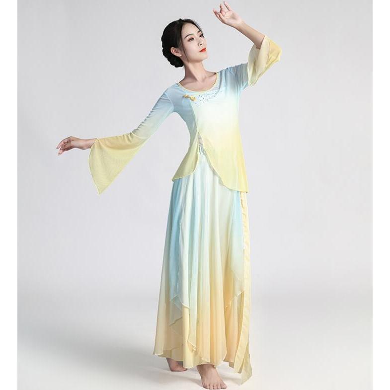 中華古典舞踊ダンス衣装 3点セット有 グラデーション 飄逸 チャイナ民族ダンス 演目ダンス衣裳 長袖 チャイナ服 ブラウス ロング丈 フリル重ねスカートパンツ ひ - 画像 (4)