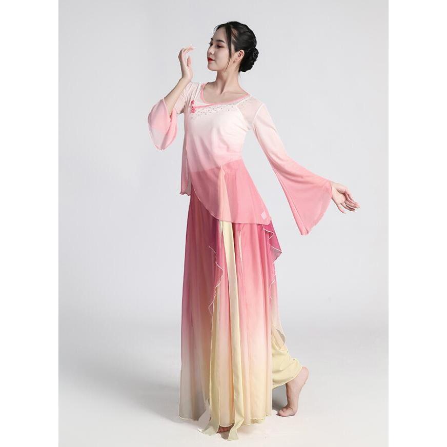 中華古典舞踊ダンス衣装 3点セット有 グラデーション 飄逸 チャイナ民族ダンス 演目ダンス衣裳 長袖 チャイナ服 ブラウス ロング丈 フリル重ねスカートパンツ ひ - 画像 (5)