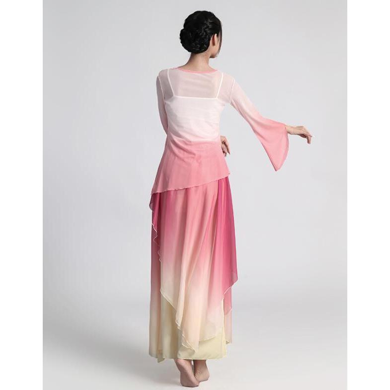 中華古典舞踊ダンス衣装 3点セット有 グラデーション 飄逸 チャイナ民族ダンス 演目ダンス衣裳 長袖 チャイナ服 ブラウス ロング丈 フリル重ねスカートパンツ ひ - 画像 (6)