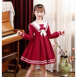 セーラー服 ワンピース 子供服 女の子 長袖 マンリ風 膝丈 かわいい ロリータ キッズ ドレス プリーツスカート リボン 春ワンピース 入園