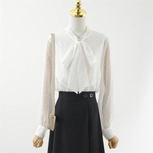 綺麗め ブラウス シャツ ボウタイ 長袖ブラウス 水玉 ドット柄 白シャツ 黒シャツ レディース 事務服 トップス 就活 通勤 OL オフィス レギュラー フォーマル 卒