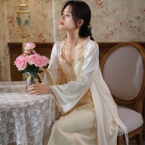 ナイトウエア ロング丈 スリップ ランジェリー  フリル ガウン キャミワンピース 2点セット ネグリジェ 姫系 ルームウェア 春夏 レディース 寝巻き 部