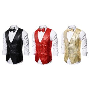 メンズ ベスト 蝶ネクタイ スパンコール ステージ衣装 パーティー コスチューム 全3色3サイズ