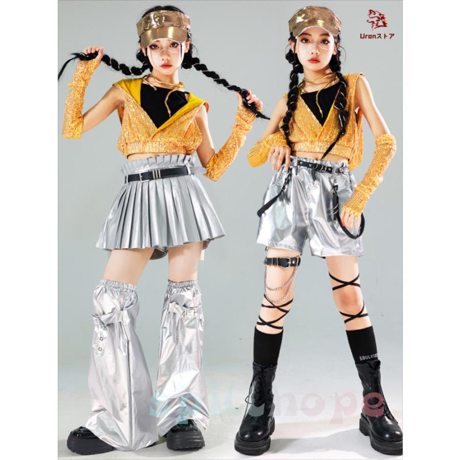 黄 シルバー 光沢 へそ出し キラキラ キッズ ダンス衣装 セットアップ ファッション 女の子 肩だし ショート丈 スカート 短パン サルエルパンツ カジュアル ギャ - 画像 (2)