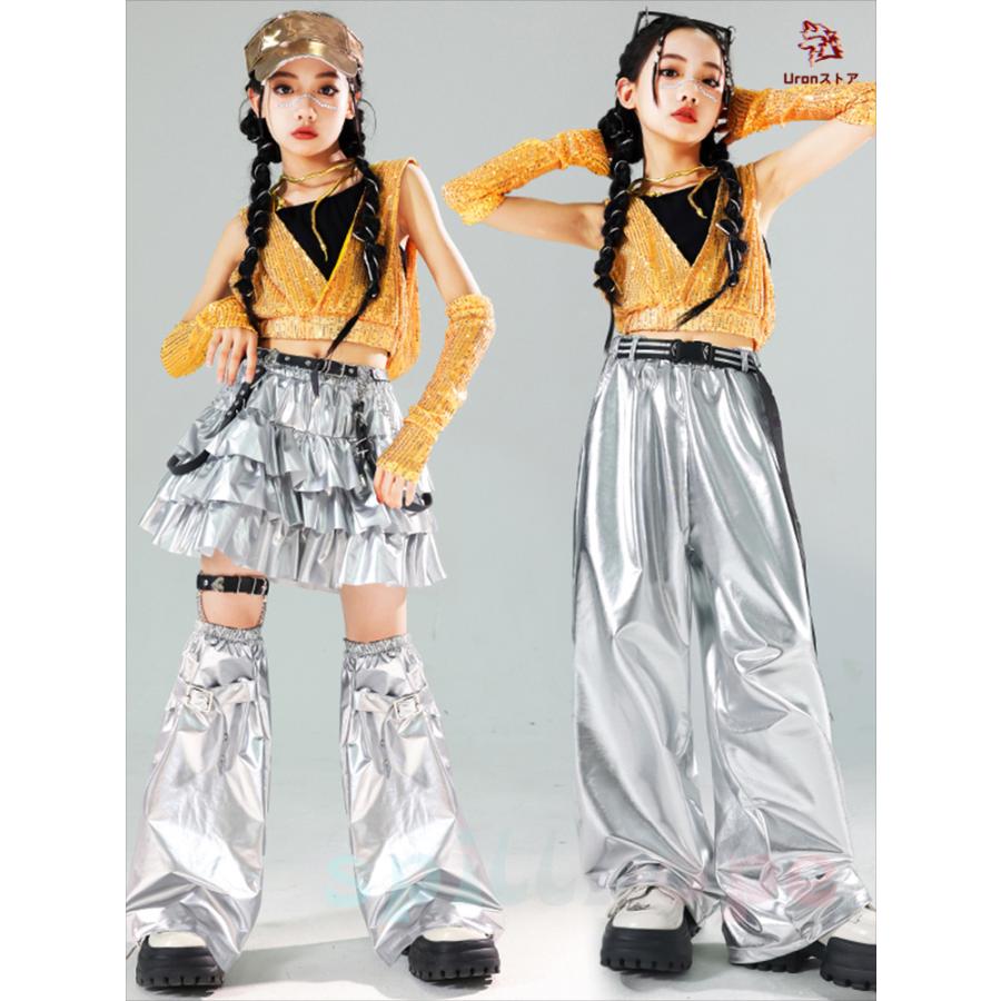 黄 シルバー 光沢 へそ出し キラキラ キッズ ダンス衣装 セットアップ ファッション 女の子 肩だし ショート丈 スカート 短パン サルエルパンツ カジュアル ギャ - 画像 (4)