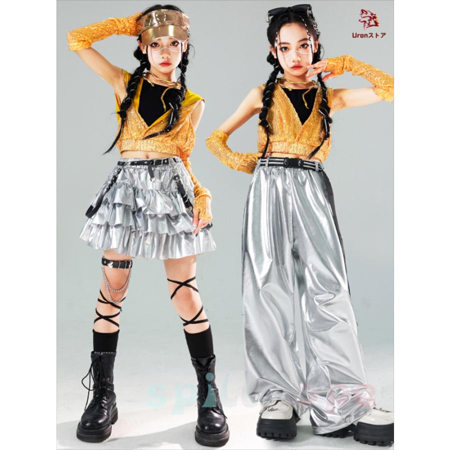 黄 シルバー 光沢 へそ出し キラキラ キッズ ダンス衣装 セットアップ ファッション 女の子 肩だし ショート丈 スカート 短パン サルエルパンツ カジュアル ギャ - 画像 (5)