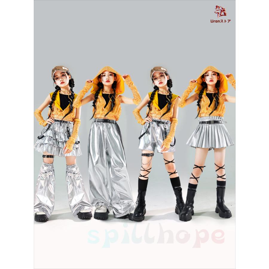 黄 シルバー 光沢 へそ出し キラキラ キッズ ダンス衣装 セットアップ ファッション 女の子 肩だし ショート丈 スカート 短パン サルエルパンツ カジュアル ギャ - 画像 (6)