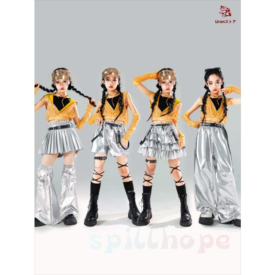 黄 シルバー 光沢 へそ出し キラキラ キッズ ダンス衣装 セットアップ ファッション 女の子 肩だし ショート丈 スカート 短パン サルエルパンツ カジュアル ギャ - 画像 (7)