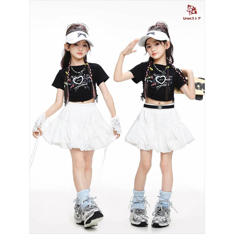 女の子 チア チアガール 韓国 k-pop キッズ ダンス衣装 セットアップ ファッション 黒色 ショート丈 へそ出し トップス ホワイト スカート jazz hiphop - 画像 (2)