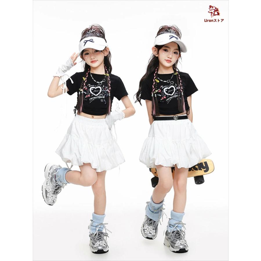 女の子 チア チアガール 韓国 k-pop キッズ ダンス衣装 セットアップ ファッション 黒色 ショート丈 へそ出し トップス ホワイト スカート jazz hiphop - 画像 (3)
