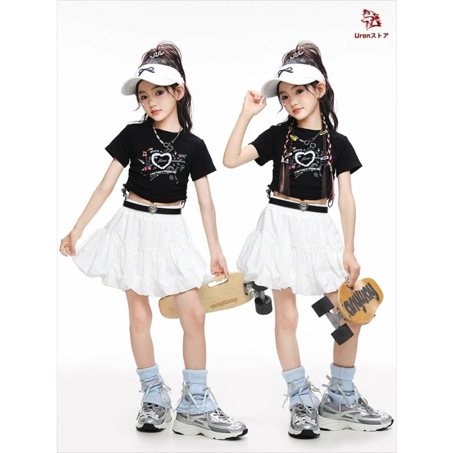 女の子 チア チアガール 韓国 k-pop キッズ ダンス衣装 セットアップ ファッション 黒色 ショート丈 へそ出し トップス ホワイト スカート jazz hiphop - 画像 (4)