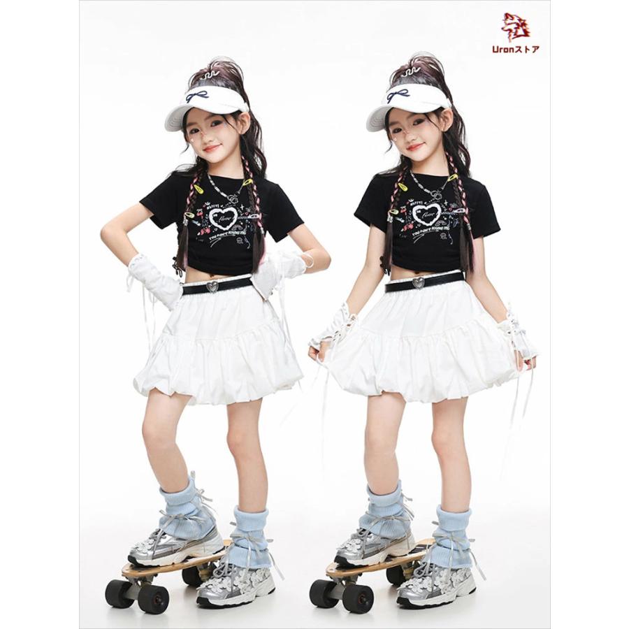 女の子 チア チアガール 韓国 k-pop キッズ ダンス衣装 セットアップ ファッション 黒色 ショート丈 へそ出し トップス ホワイト スカート jazz hiphop - 画像 (5)