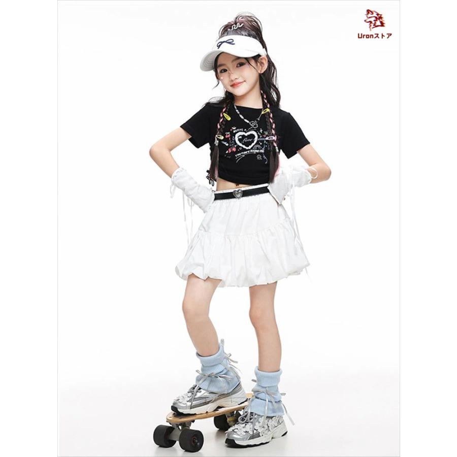 女の子 チア チアガール 韓国 k-pop キッズ ダンス衣装 セットアップ ファッション 黒色 ショート丈 へそ出し トップス ホワイト スカート jazz hiphop - 画像 (8)