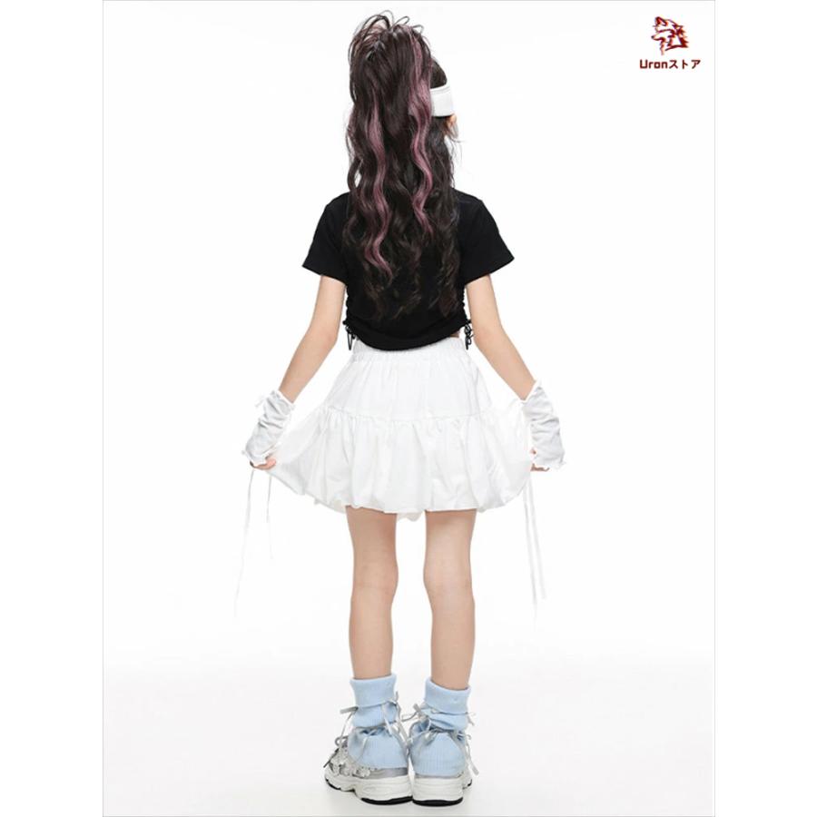 女の子 チア チアガール 韓国 k-pop キッズ ダンス衣装 セットアップ ファッション 黒色 ショート丈 へそ出し トップス ホワイト スカート jazz hiphop - 画像 (9)